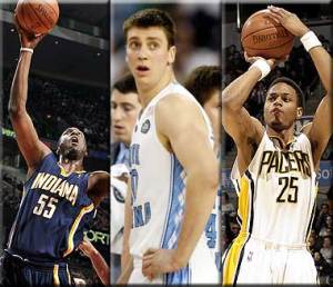 Indiana's young up and comers (from left): Roy Hibbert, Tyler Hansbrough, and Brandon Rush